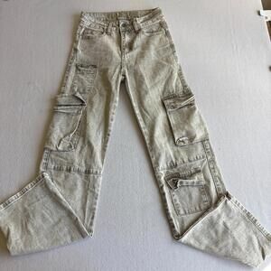 VIP Womens Cargo Jeans Size 00 Beige Y2K Baggy Utility Pocket Wide Leg Pants